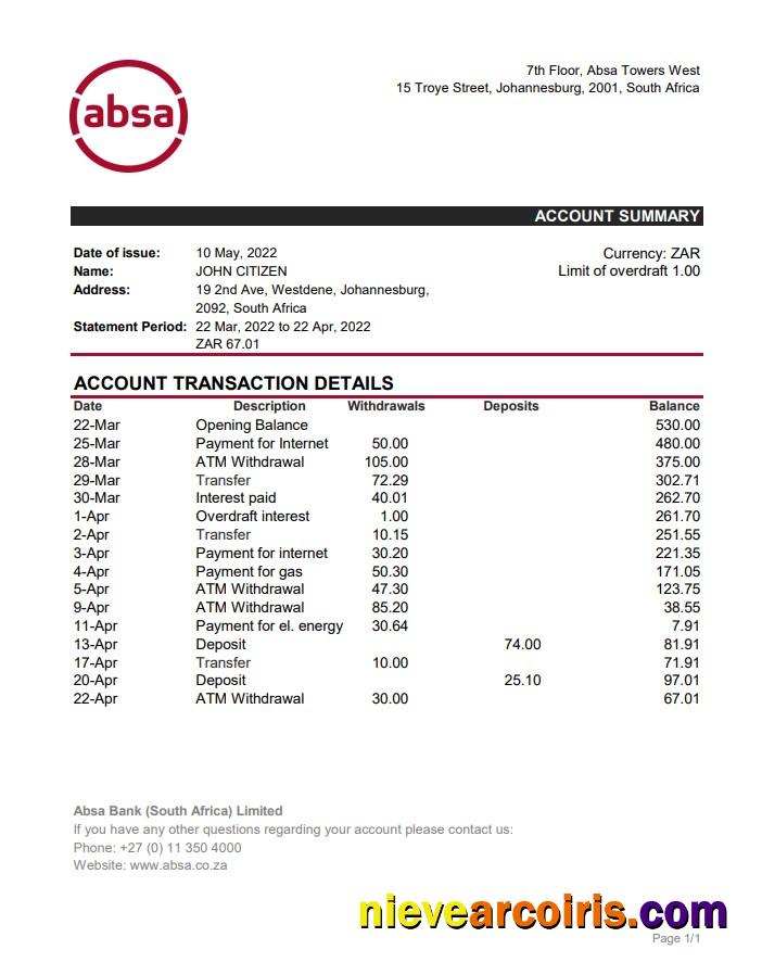 South Africa ABSA bank statement xls